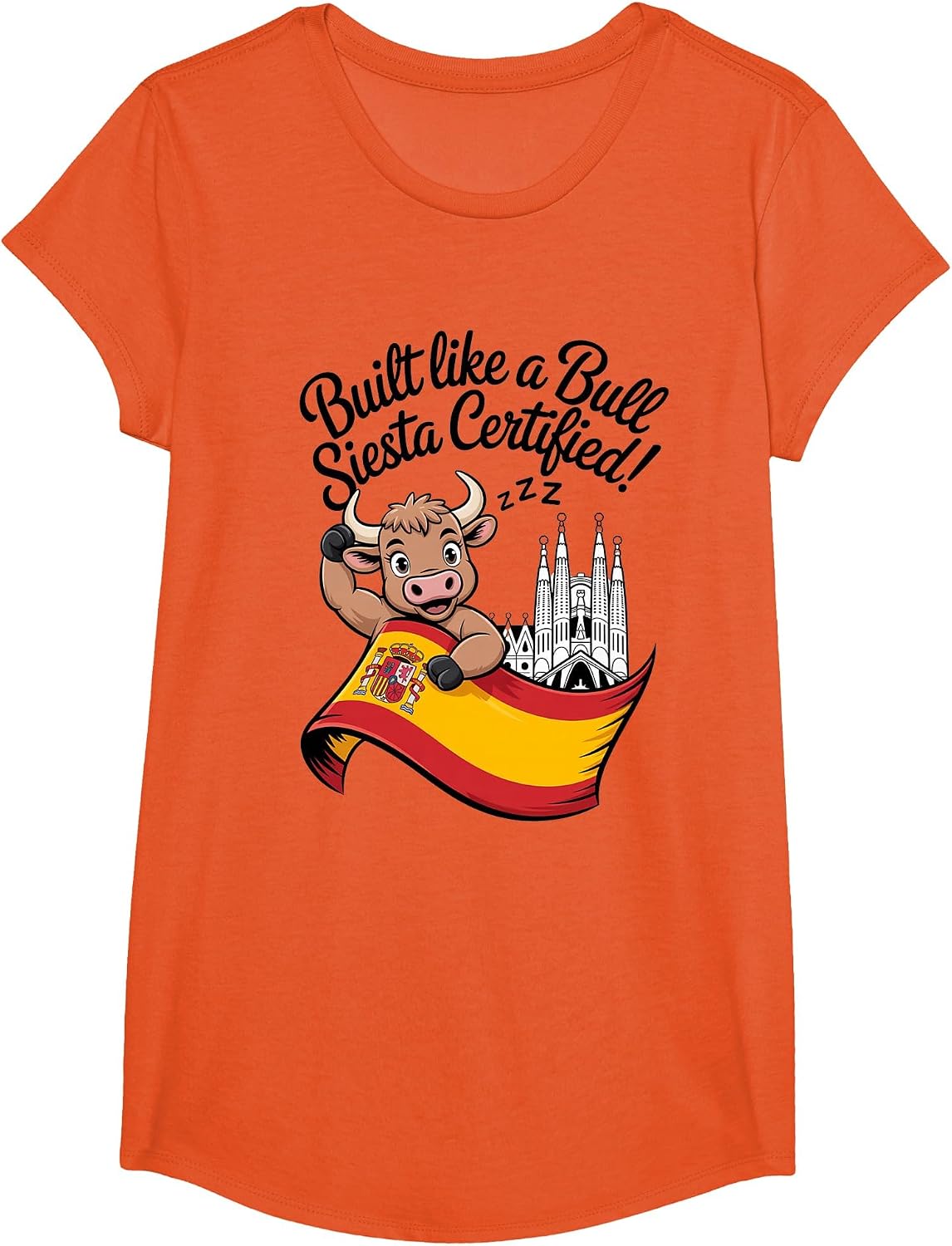 Spanish Bull with Spain Flag Barcelona Landmark Travel T-Shirt - Girls Orange