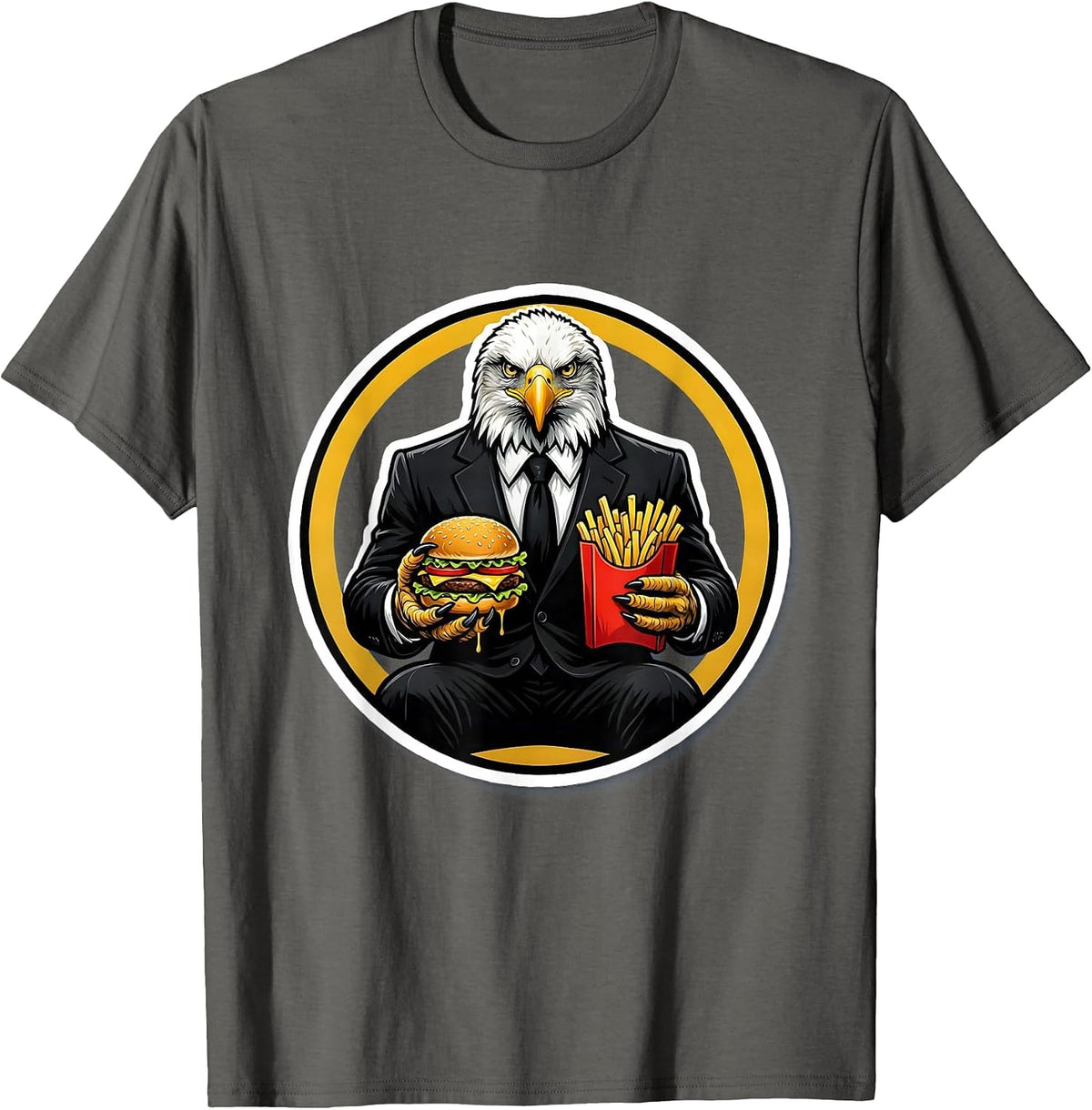Bald Eagle Fast Food Business Suit Funny Graphic T-Shirt - Asphalt Grey
