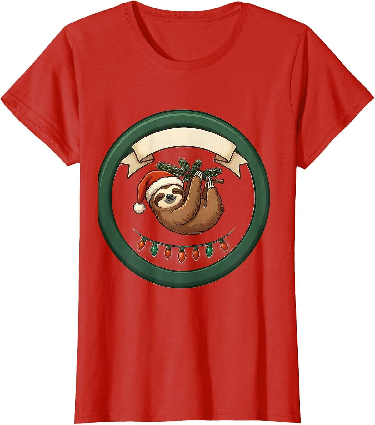 Sloth Santa Hat Christmas Lights Funny Holiday Pajama T-Shirt - Red