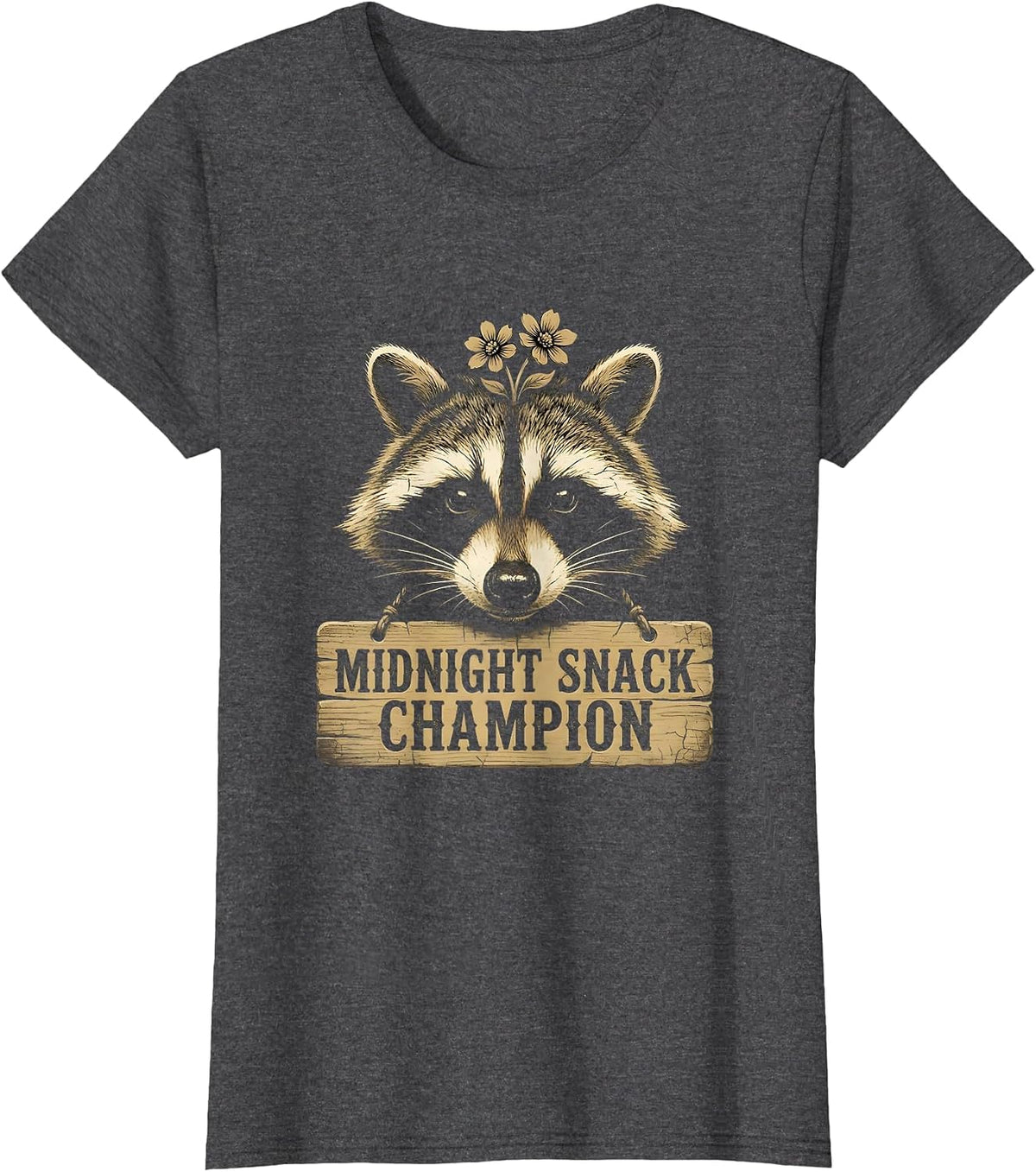 Women's Midnight Snack Champion Raccoon Design T-Shirt - Dark Heather Grey