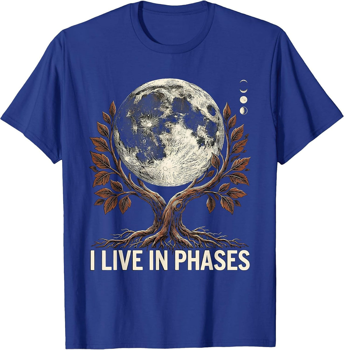 I Live In Phases Mystic Moon Phases Boho Celestial Botanical T-Shirt - Royal Blue