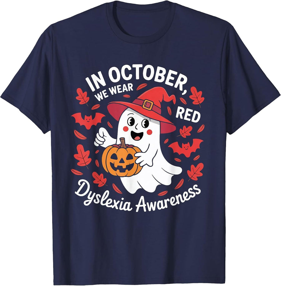 in October We Wear Red for Dyslexia Awareness Halloween T-Shirt - Navy Blue