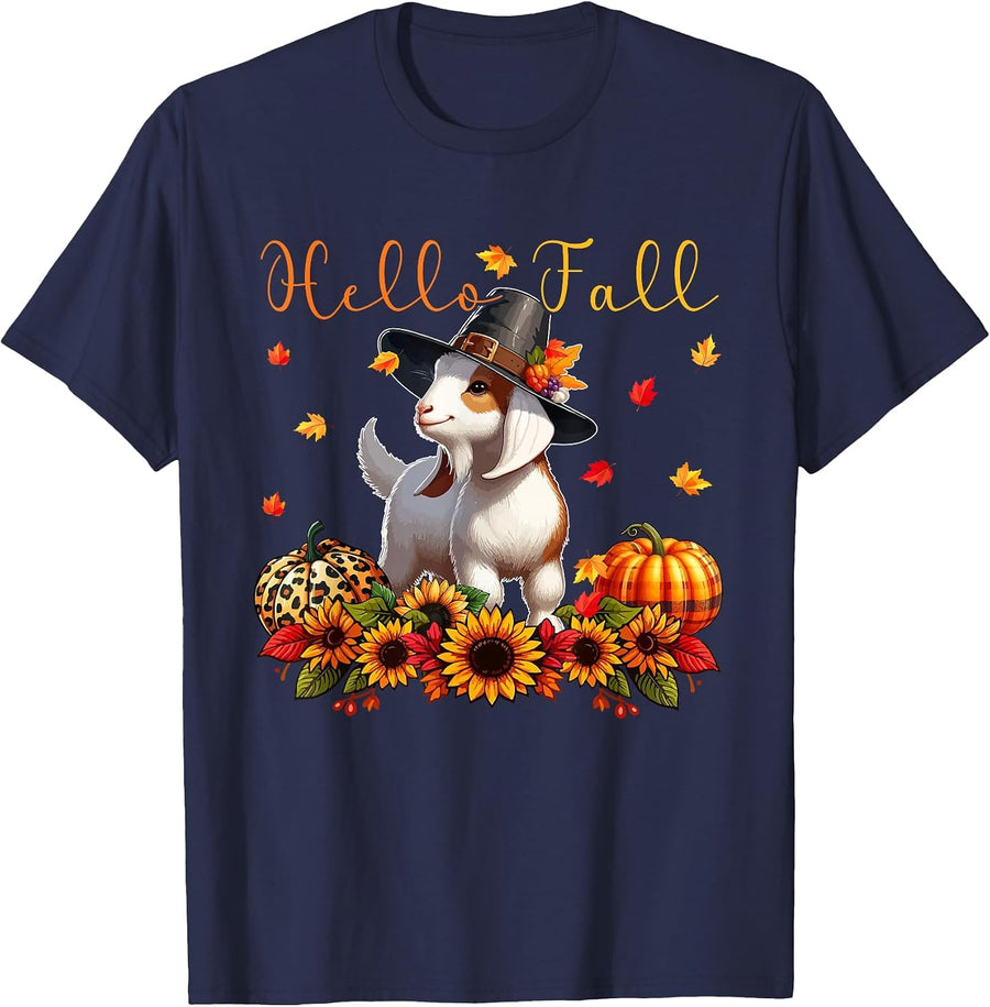 Fall Thanksgiving Goat Costume Autumn Leopard Pumpkins T-Shirt - Navy Blue