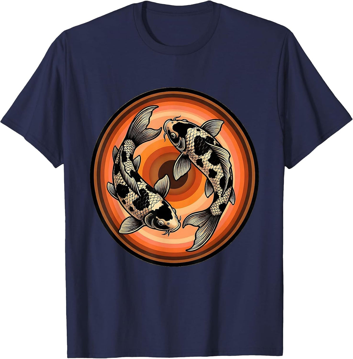 Cow Print Koi Fish Swimming Upward Graphic T-Shirt - Navy Blue