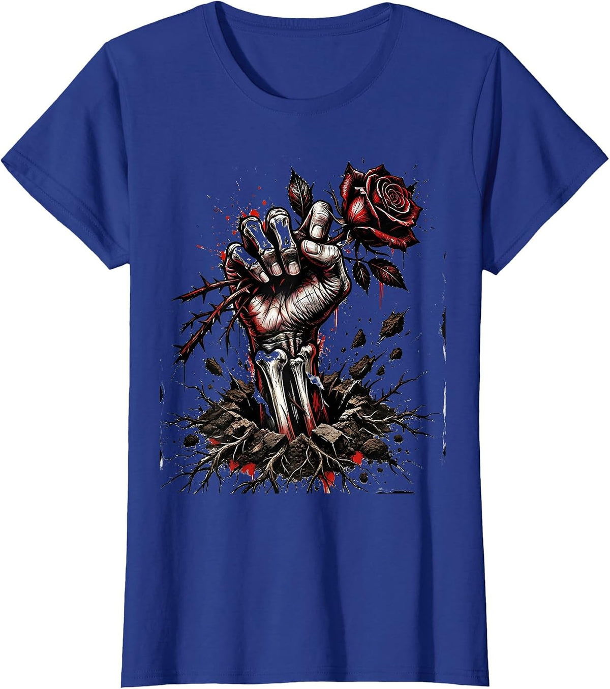 Women's Goth Rose Hand Emerging From Soil Dark Art T-Shirt - Royal Blue