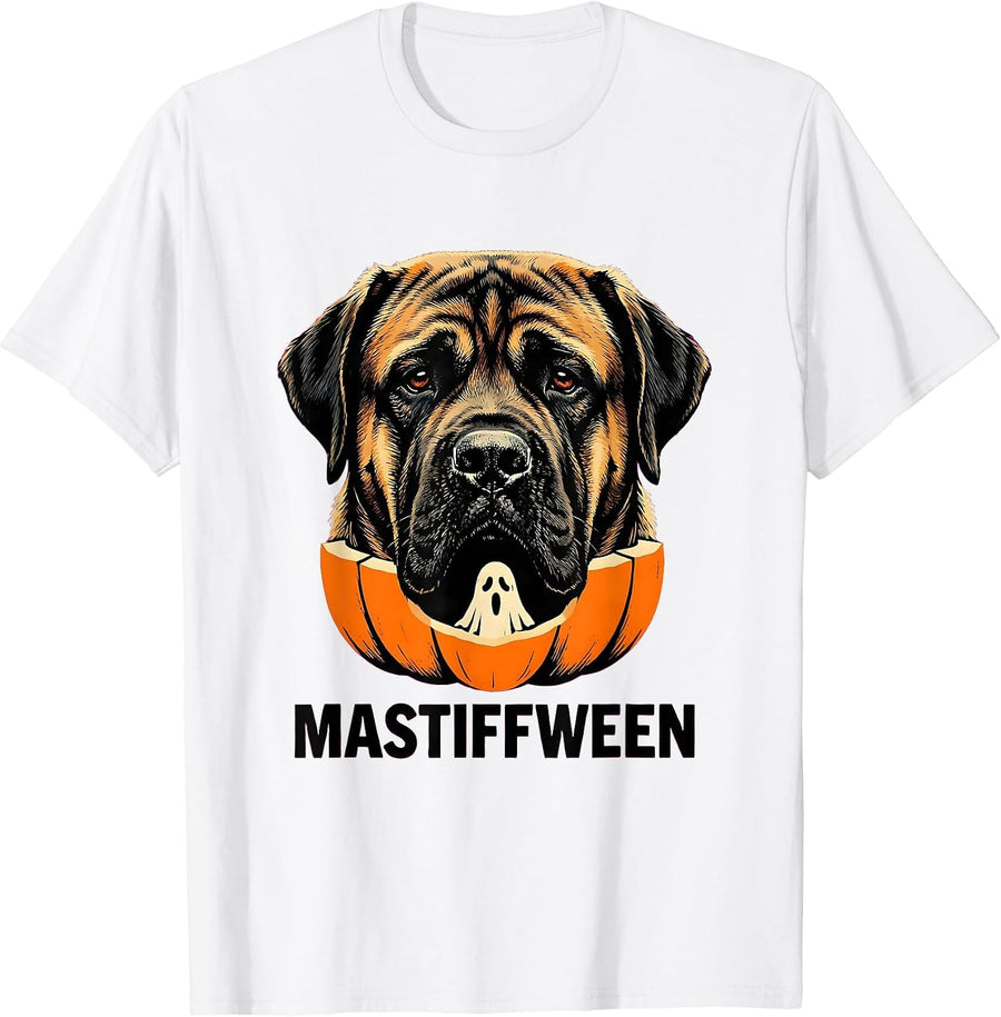 Men's Mastiffween Stencil Graphic Mastiff Dog Halloween Humor T-Shirt - White
