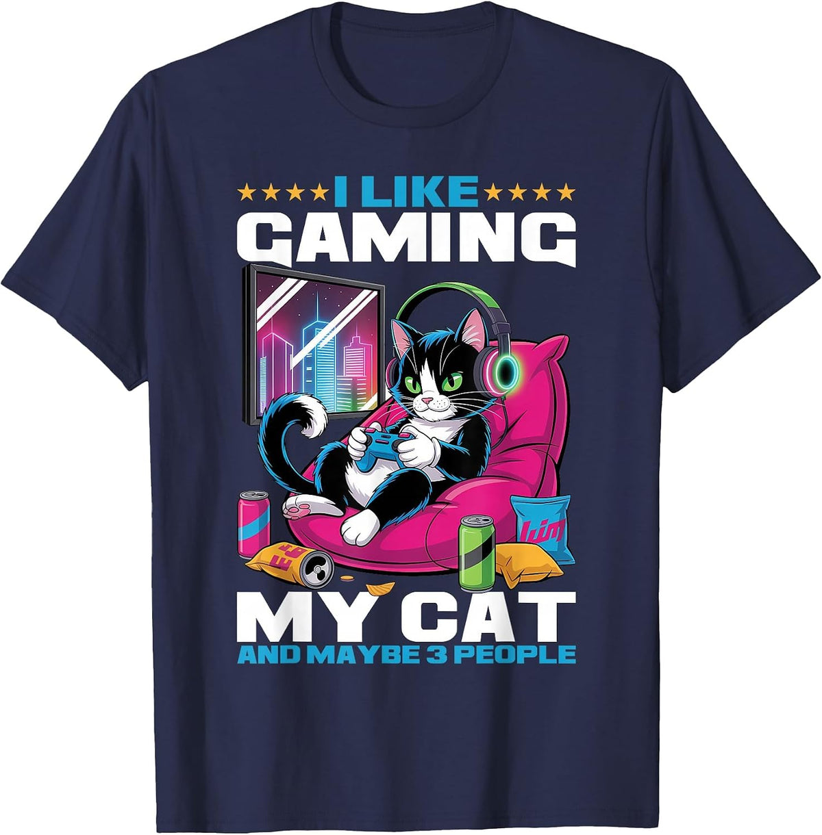 Gamer Gaming Cat Video Game T-Shirt - Navy Blue