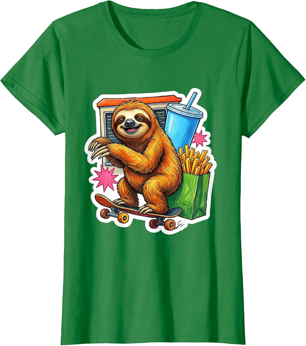 Women's Lazy Sloth Fast Food Drive-Through Skateboard T-Shirt - Kelly Green