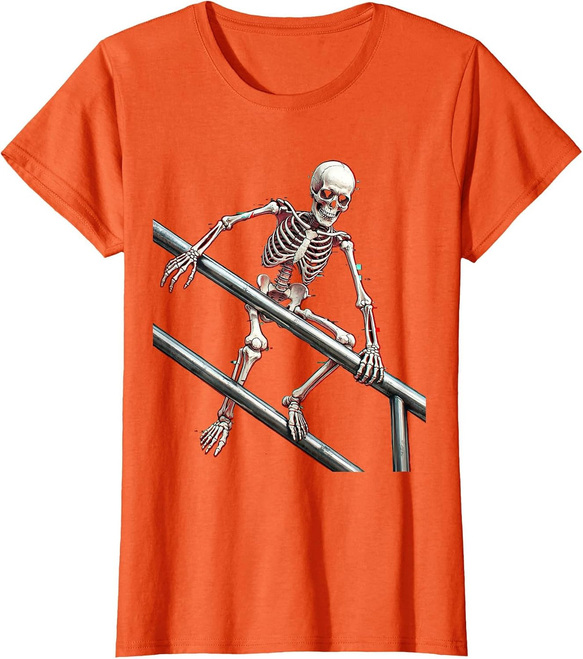 Skeleton Skater Grinding Handrail Graphic Tee T-Shirt - Orange