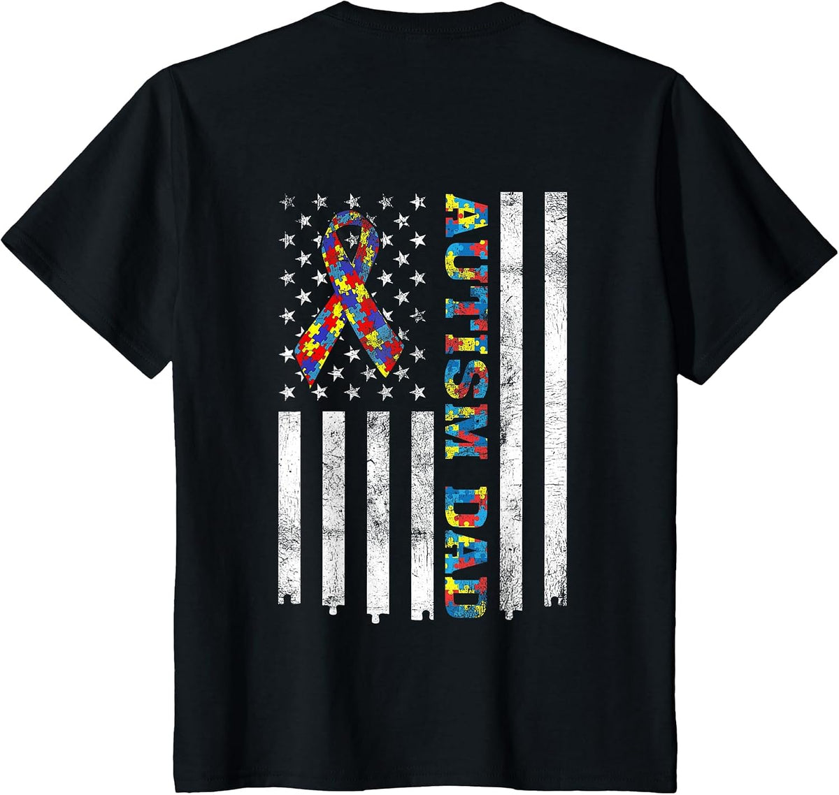 Autism Dad Autism Awareness Ribbon American Flag (On Back) T-Shirt - Black