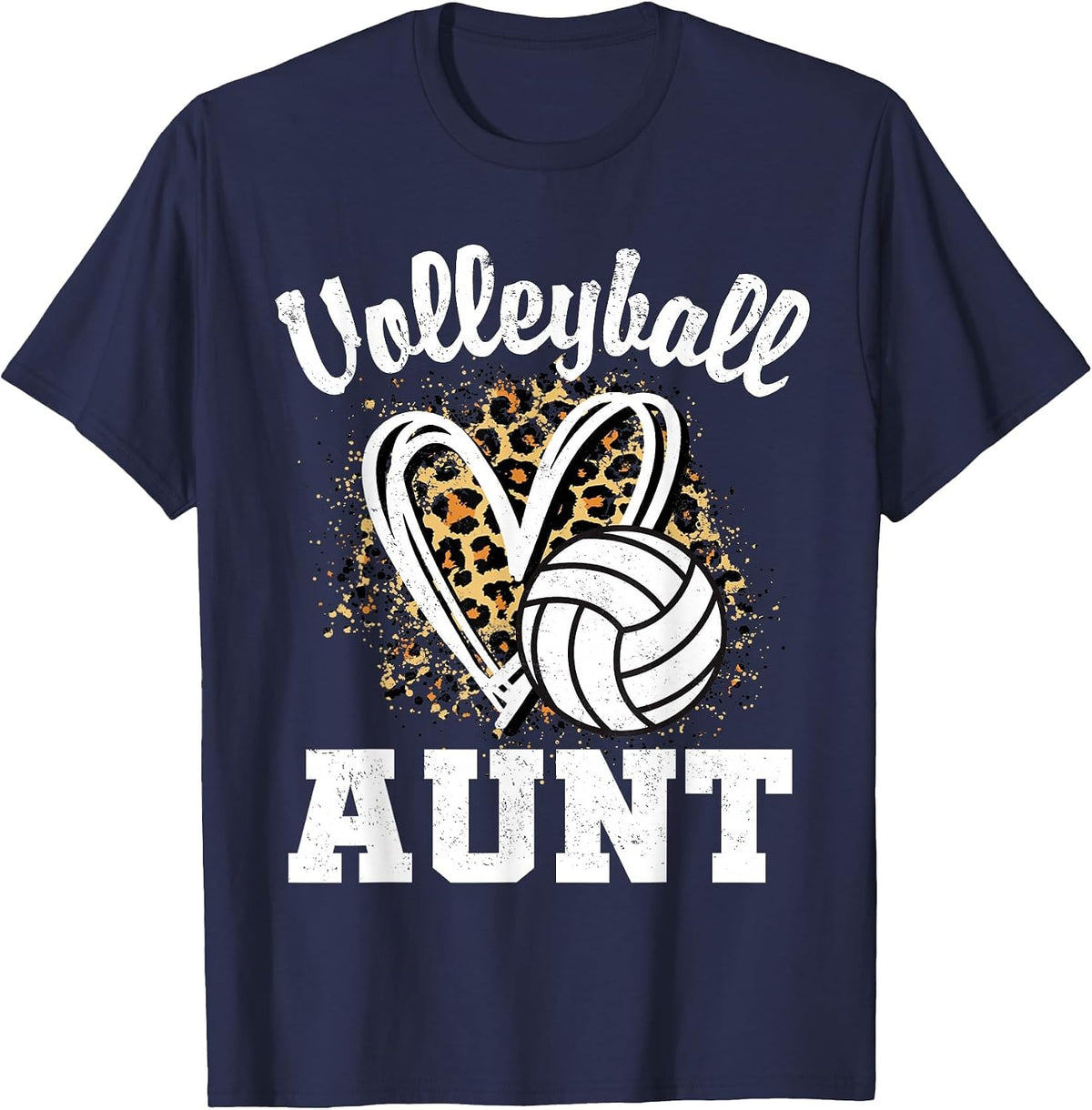 Volleyball Aunt Leopard Heart Matching Family T-Shirt - Navy Blue