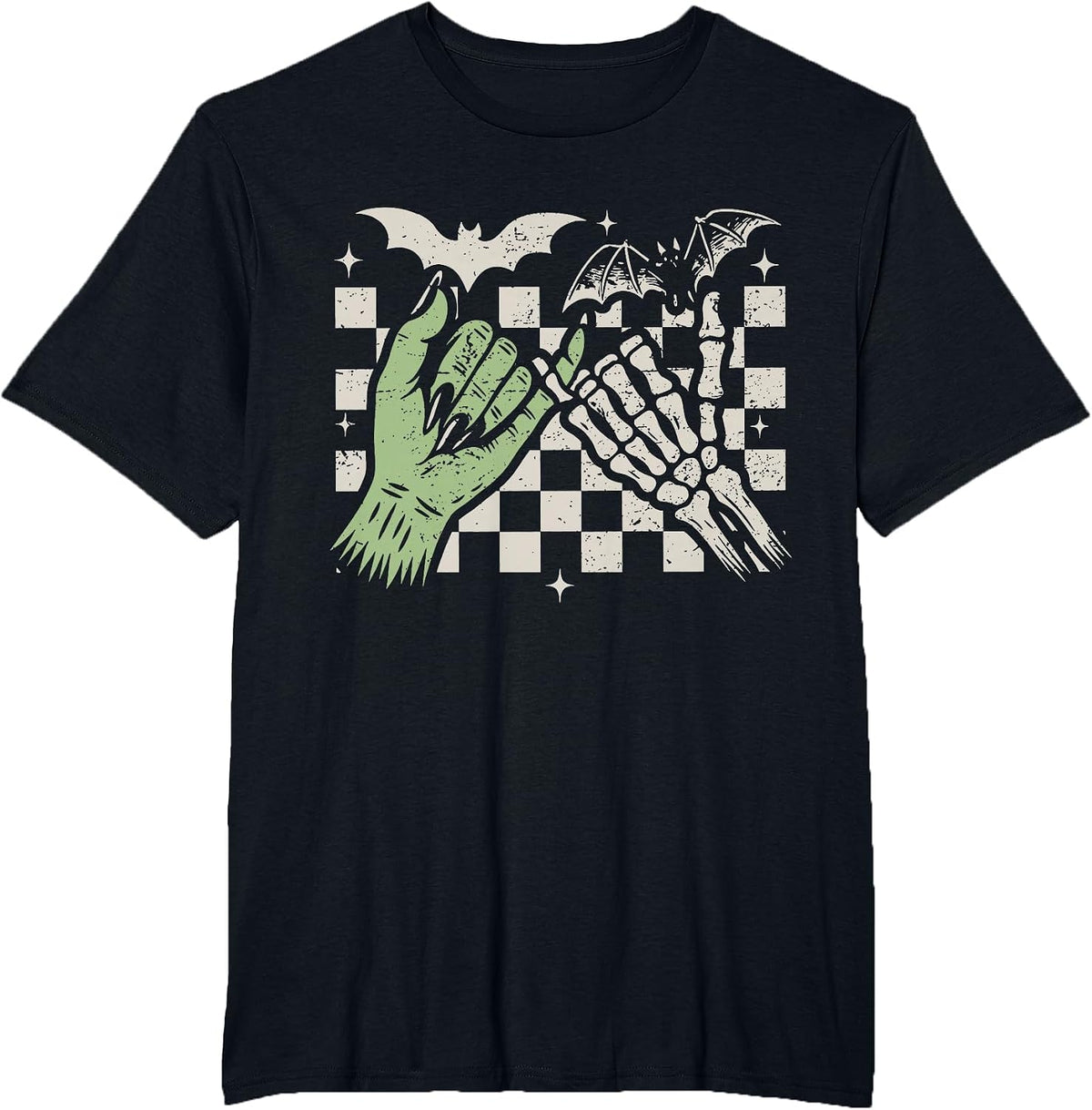 Retro Checkered Pinky Promise Witch Skeleton Halloween T-Shirt - Black
