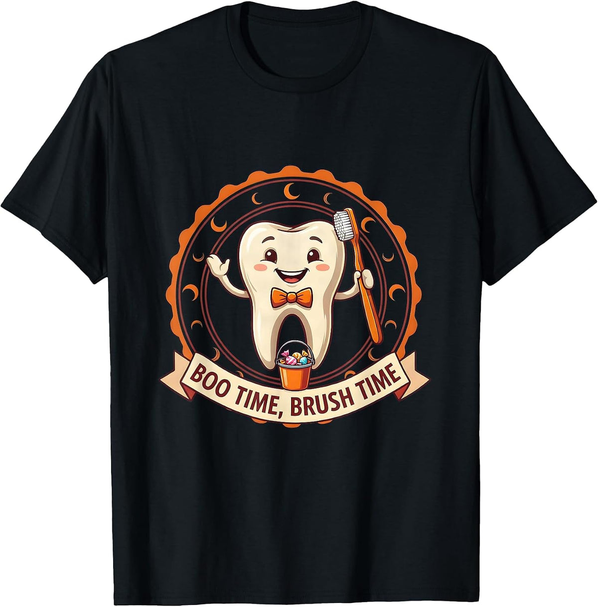 Men's Boo Time Brush Time Playful Halloween Dentist Dental Humor T-Shirt - Black