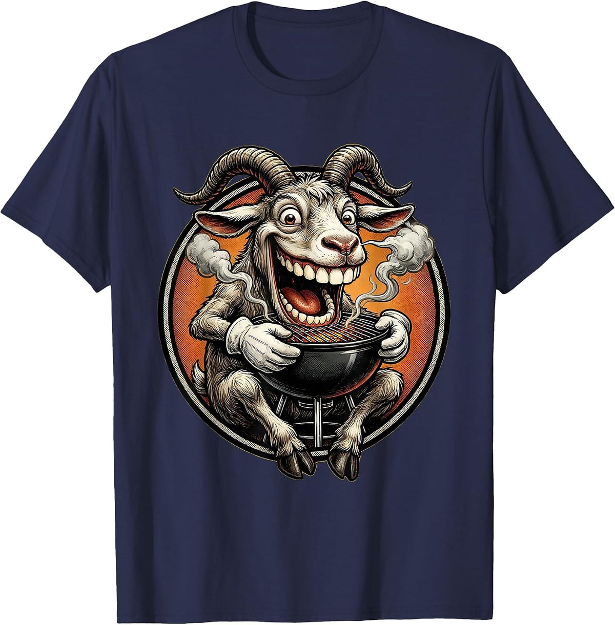 Funny Goat Eating BBQ Grill Whole Graphic T-Shirt - Navy Blue