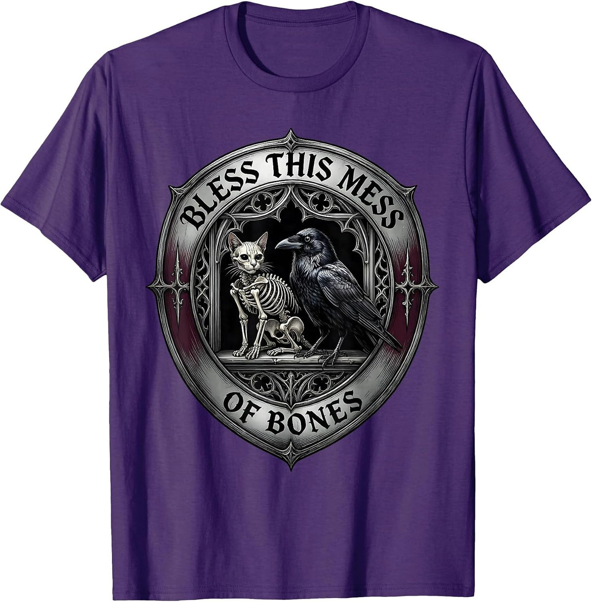 Bless This Mess Of Bones Gothic Horror Occult Cat Crow T-Shirt - Purple