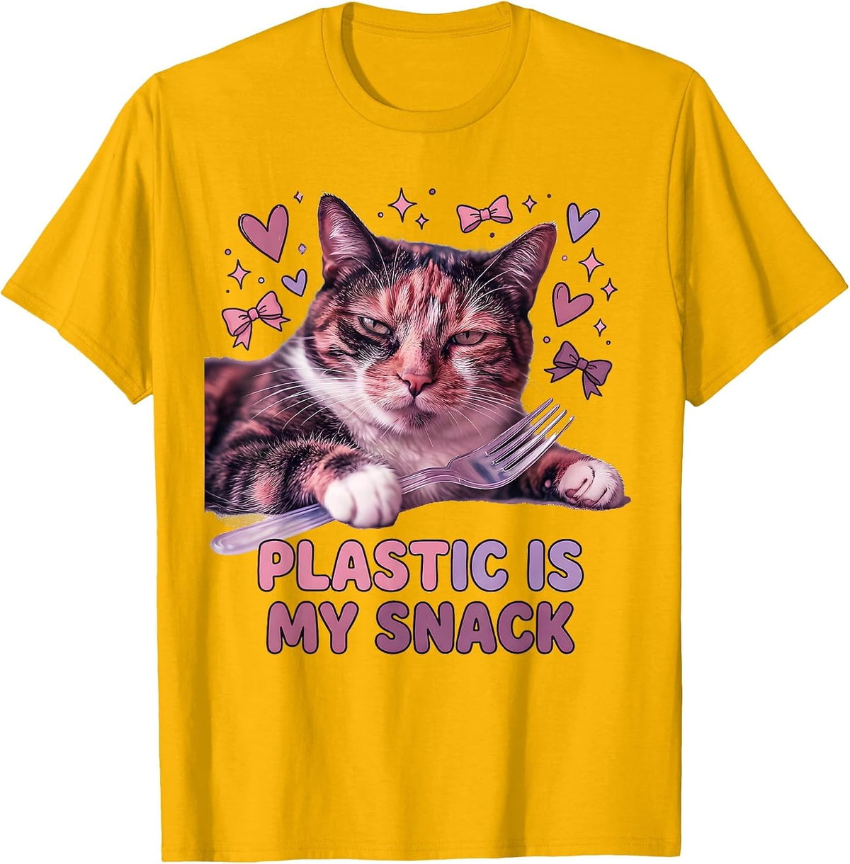 Plastic Is My Snack Cute Cat Meme Absurdist Irony T-Shirt - Golden Yellow