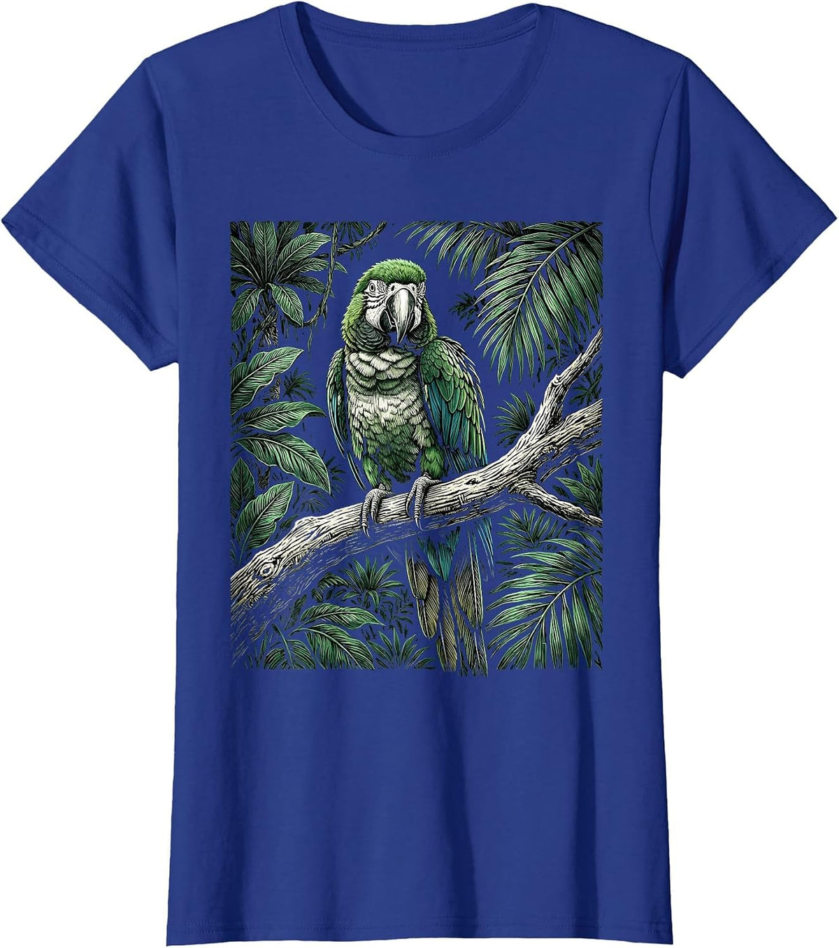 Women's Parakeet on Tropical Jungle Branch Illustration T-Shirt - Royal Blue