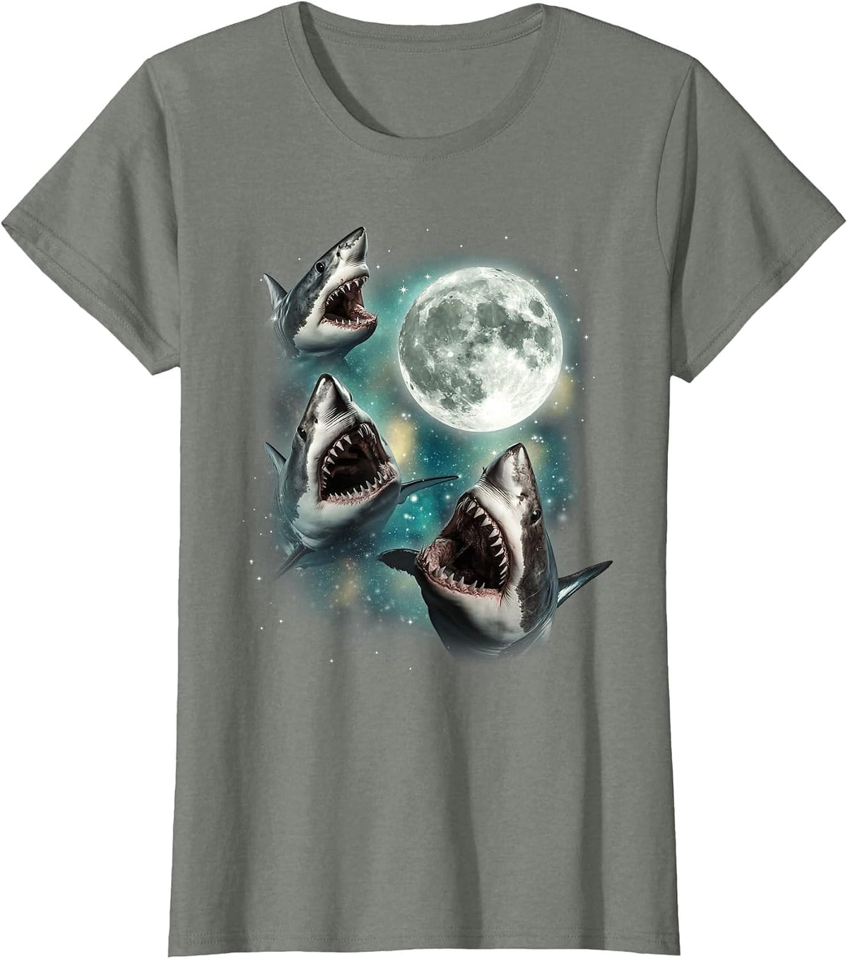 Three Shark Moon | 3 Great Whites Howling Wolfs Moon Parody T-Shirt - Olive Heather