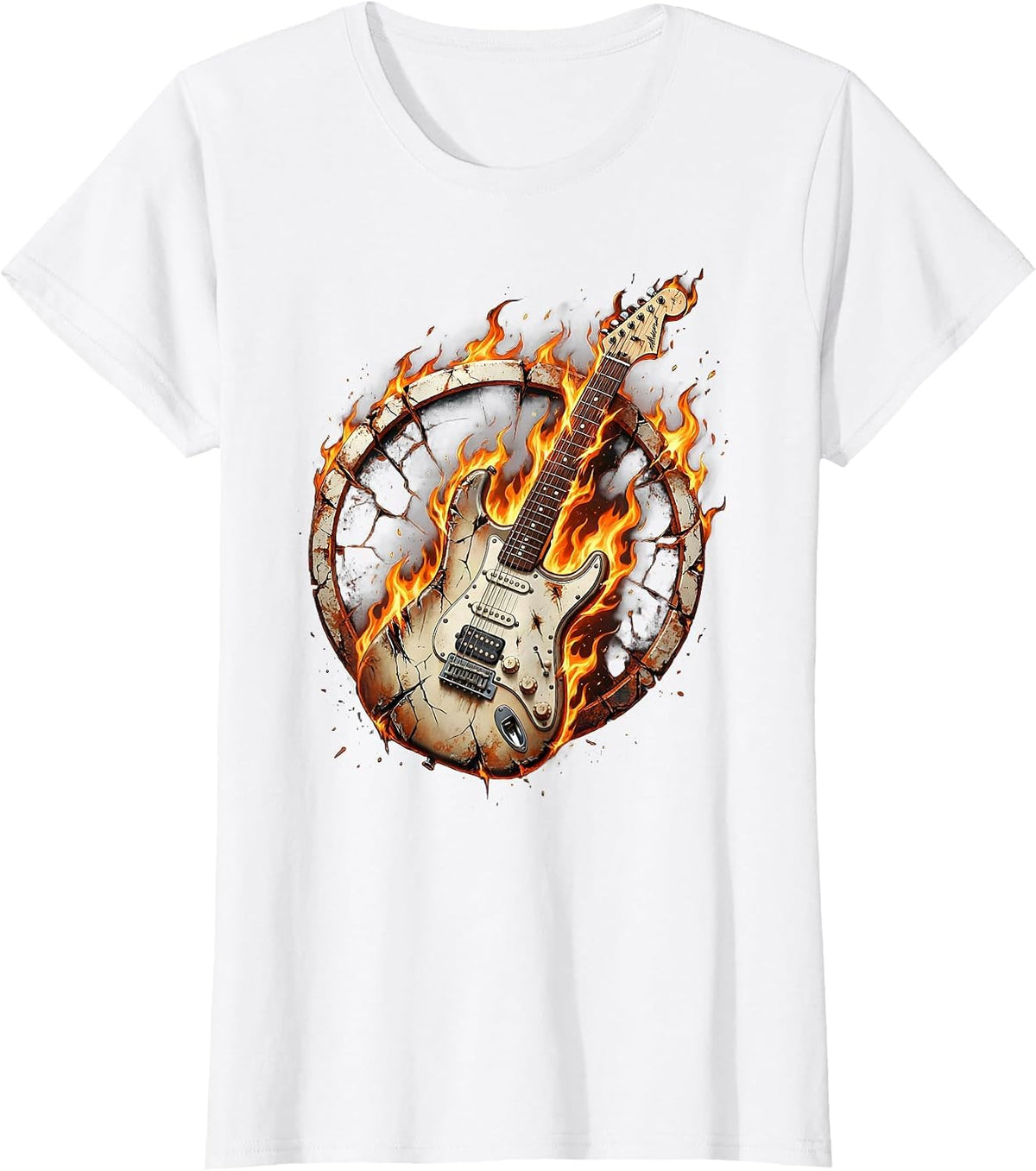 Flaming Electric Guitar Rock Music Graphic T-Shirt - White