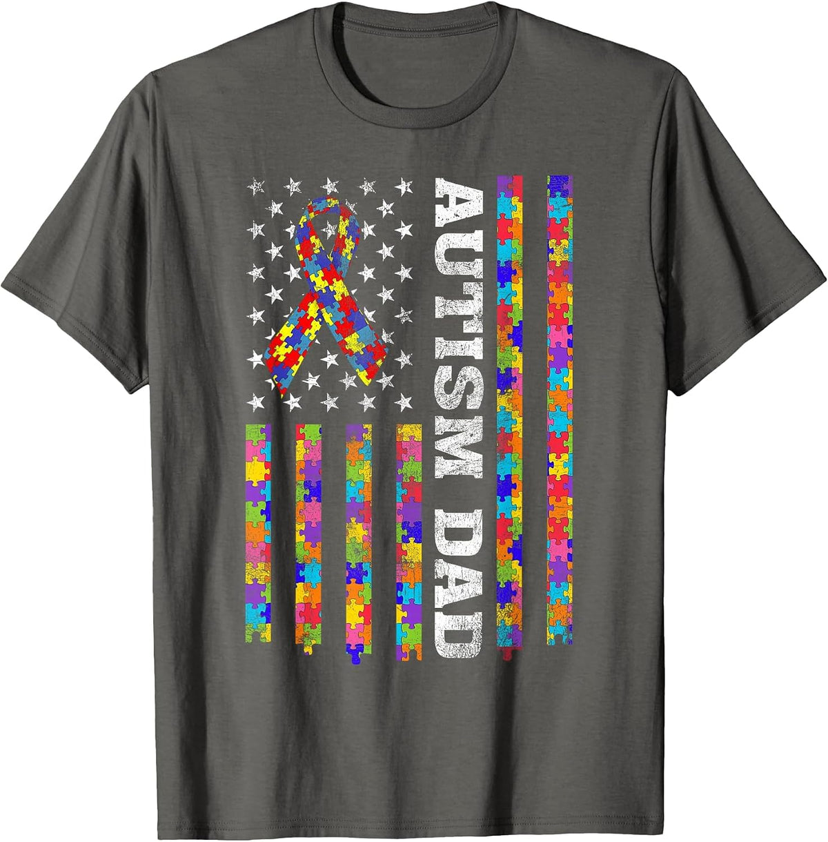 Proud Autism Dad Puzzle Piece Ribbon US American Flag T-Shirt - Asphalt Grey