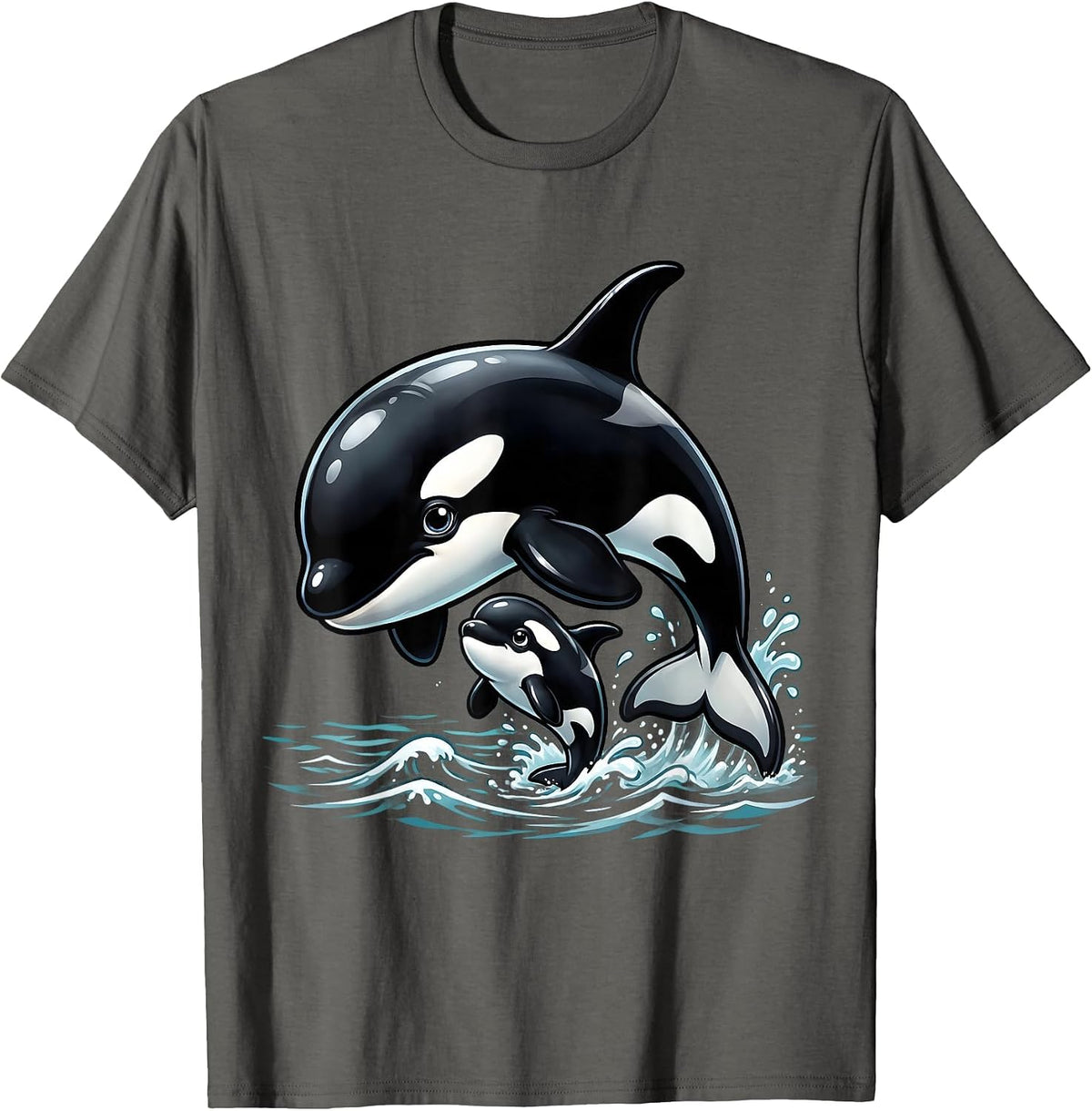 Mama and Baby Orca Ocean Wildlife Design T-Shirt - Asphalt Grey