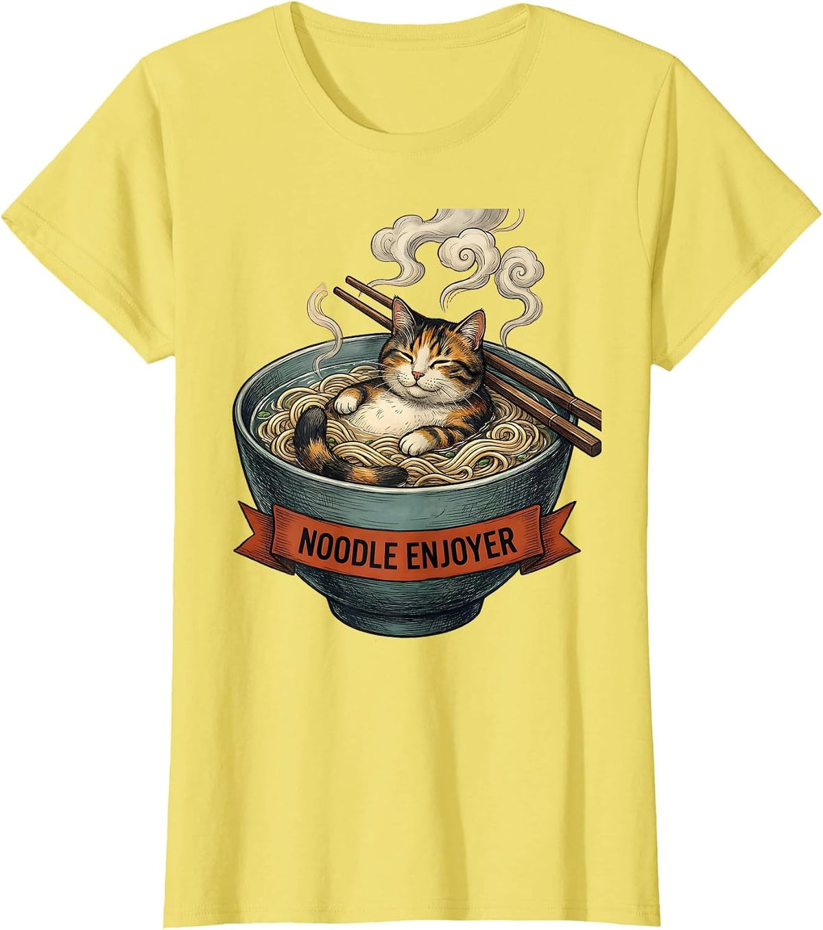 Women's Noodle Enjoyer Funny Cat Ramen Japanese Kawaii Anime Gift T-Shirt - Lemon Yellow