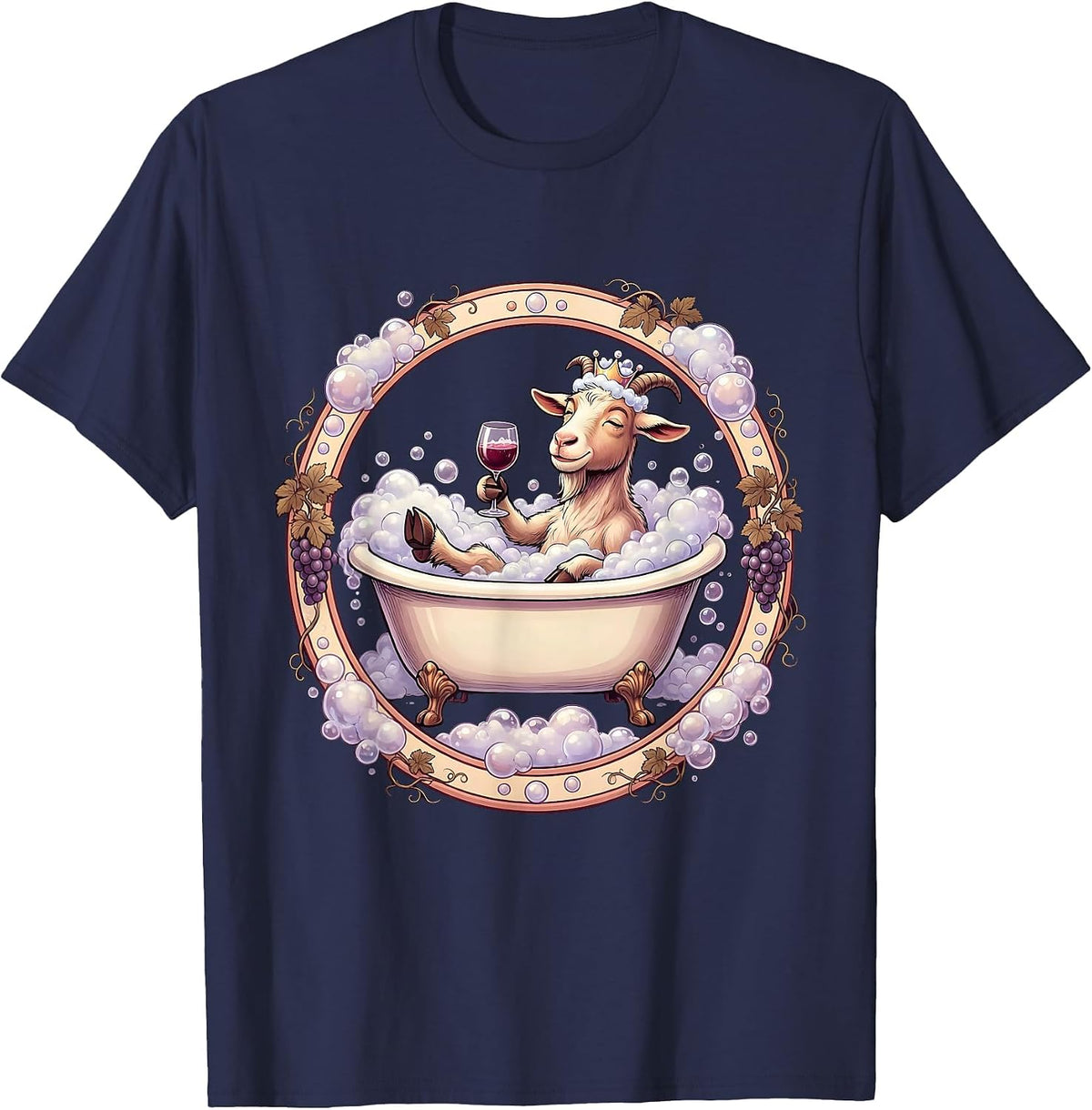 Men's Goat In Bath Bubbles Drinking Wine Funny T-Shirt - Navy Blue