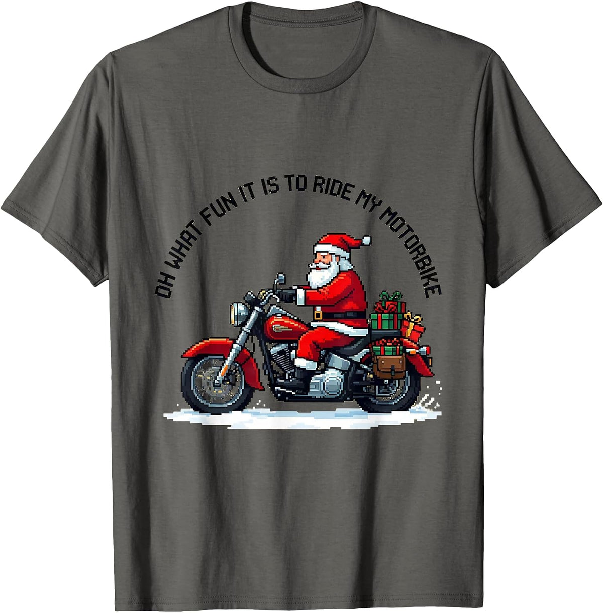 Men's Oh What Fun It Is To Ride My Motorbike Pixel Art Biker Santa T-Shirt - Asphalt Grey