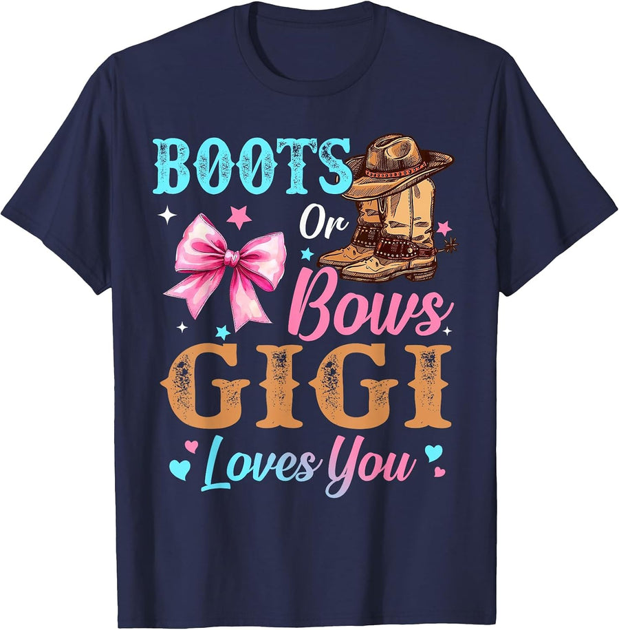 Boots or Bows Gigi Loves You Gender Reveal Family T-Shirt - Navy Blue