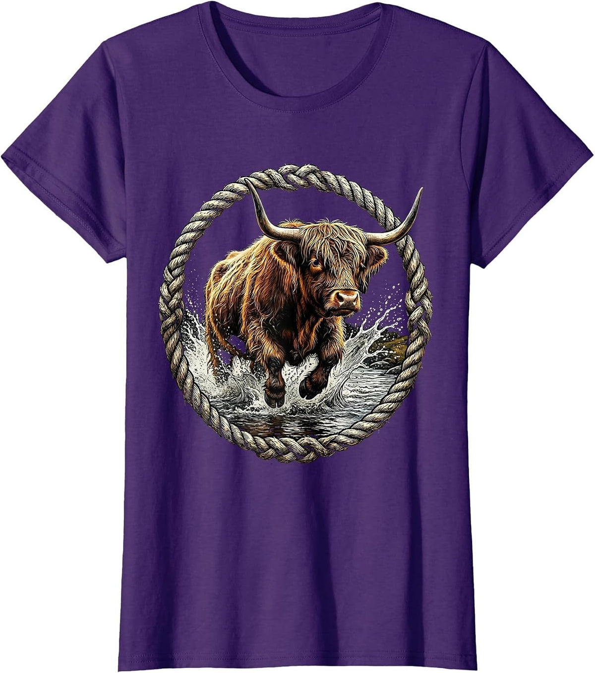 Women's Highland Cow Charging Through River Crossing T-Shirt - Purple
