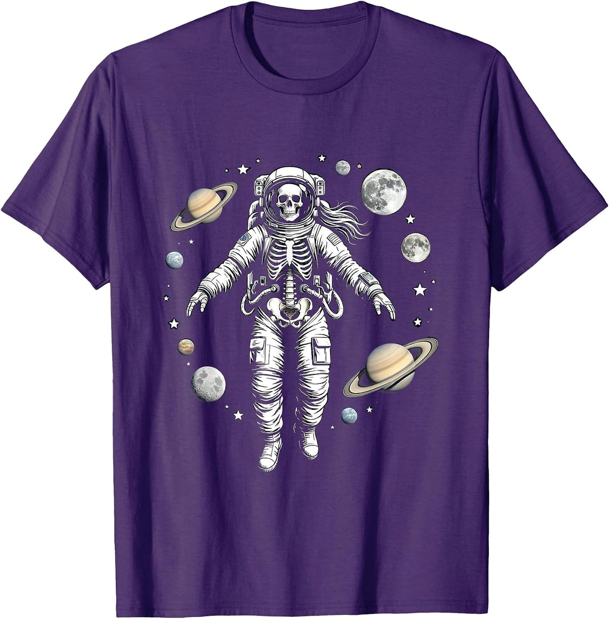 Men's Skeleton Astronaut Floating Among the Planets T-Shirt - Purple
