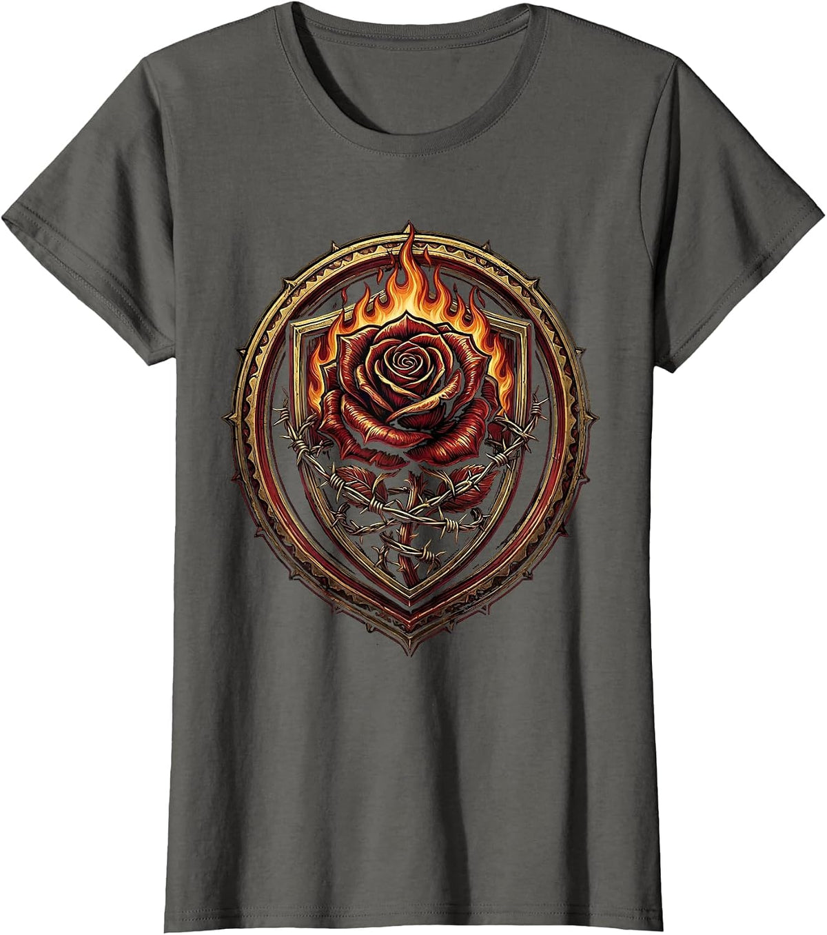 Women's Burning Rose Barbed Wire Metal Band Graphic T-Shirt - Asphalt Grey