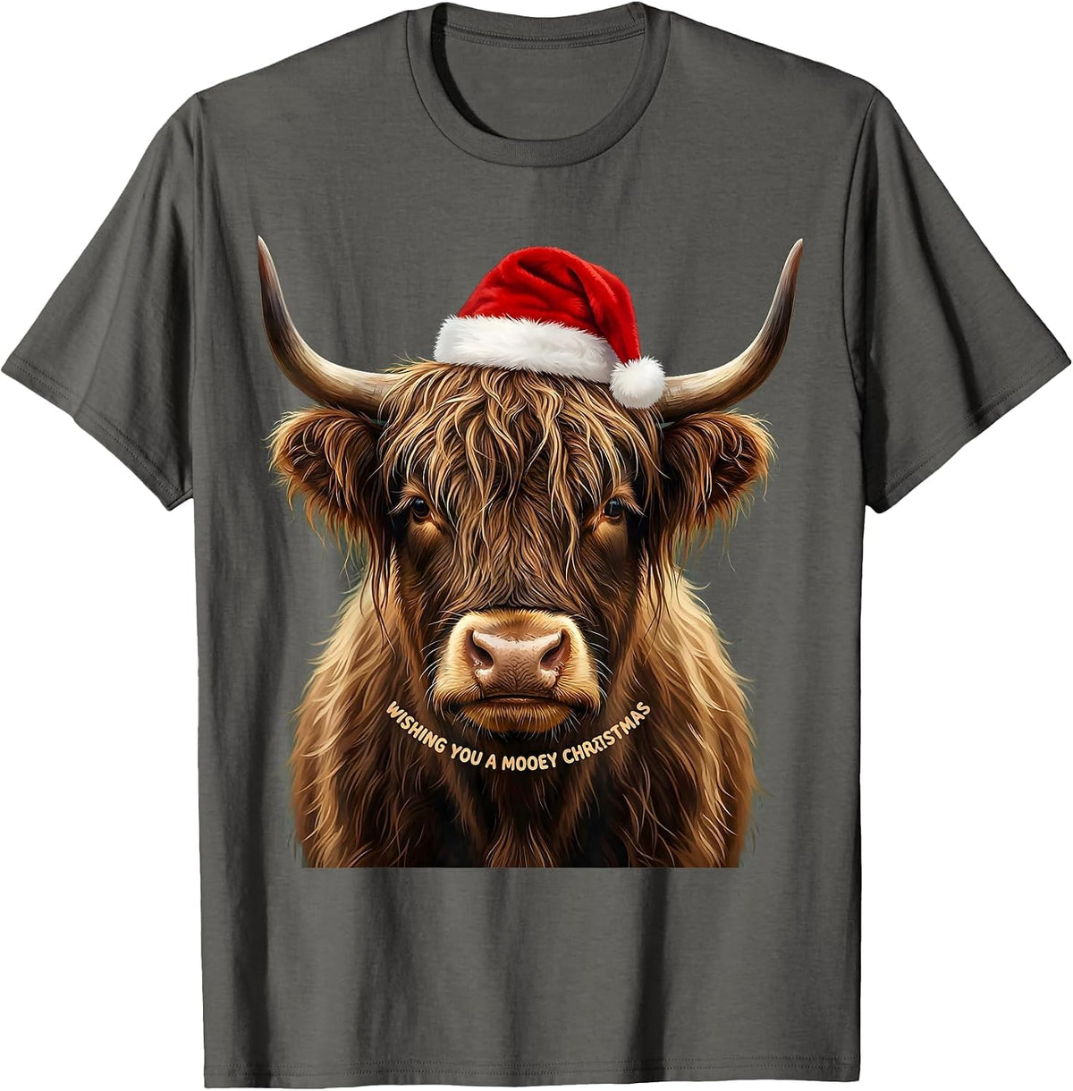 Wishing You a Mooey Christmas Highland Cow Santa Hat Farm T-Shirt - Asphalt Grey