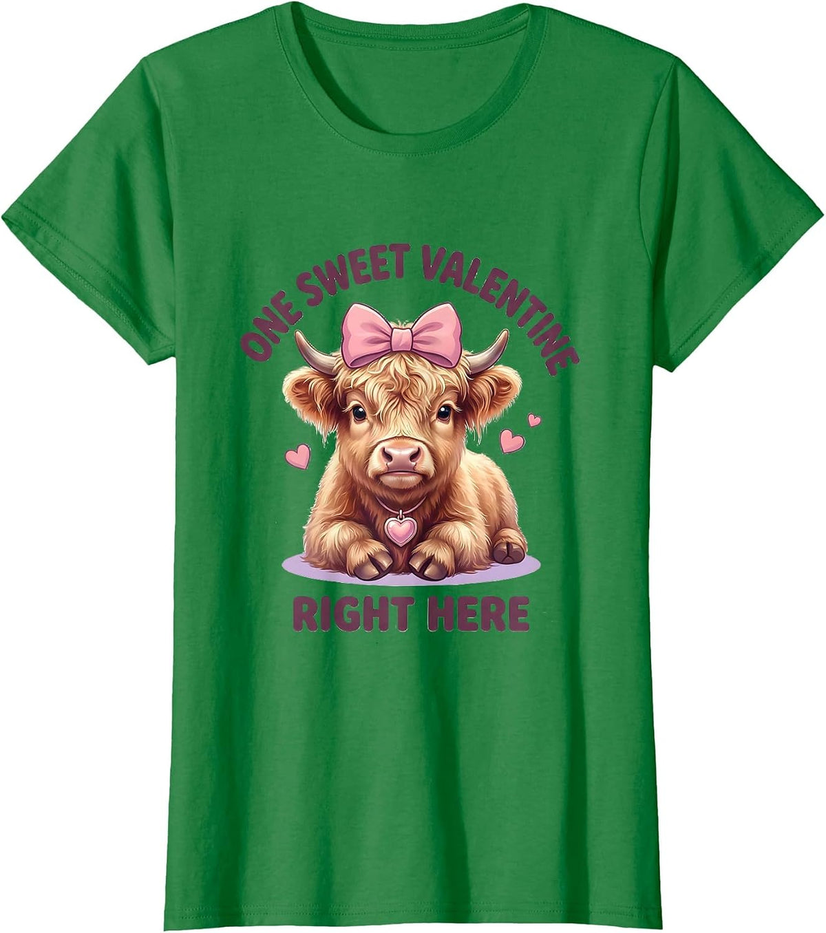 One Sweet Valentine Right Here Cute Kawaii Highland Cow T-Shirt - Kelly Green
