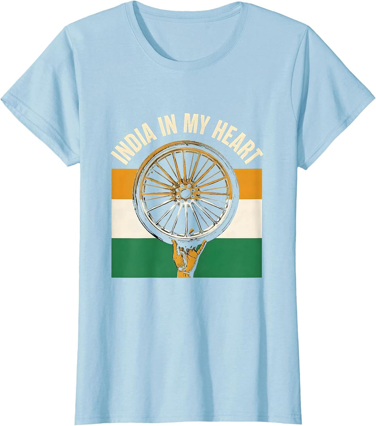 Women's India In My Heart Stencil Tricolor Flag Pride T-Shirt - Baby Blue