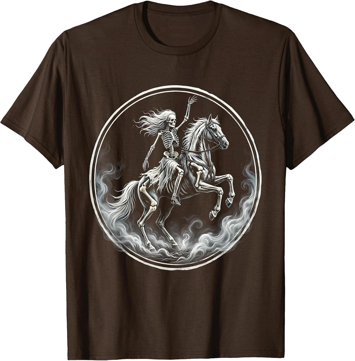 Skeleton Woman Riding Horse Through Fog Art T-Shirt - Brown