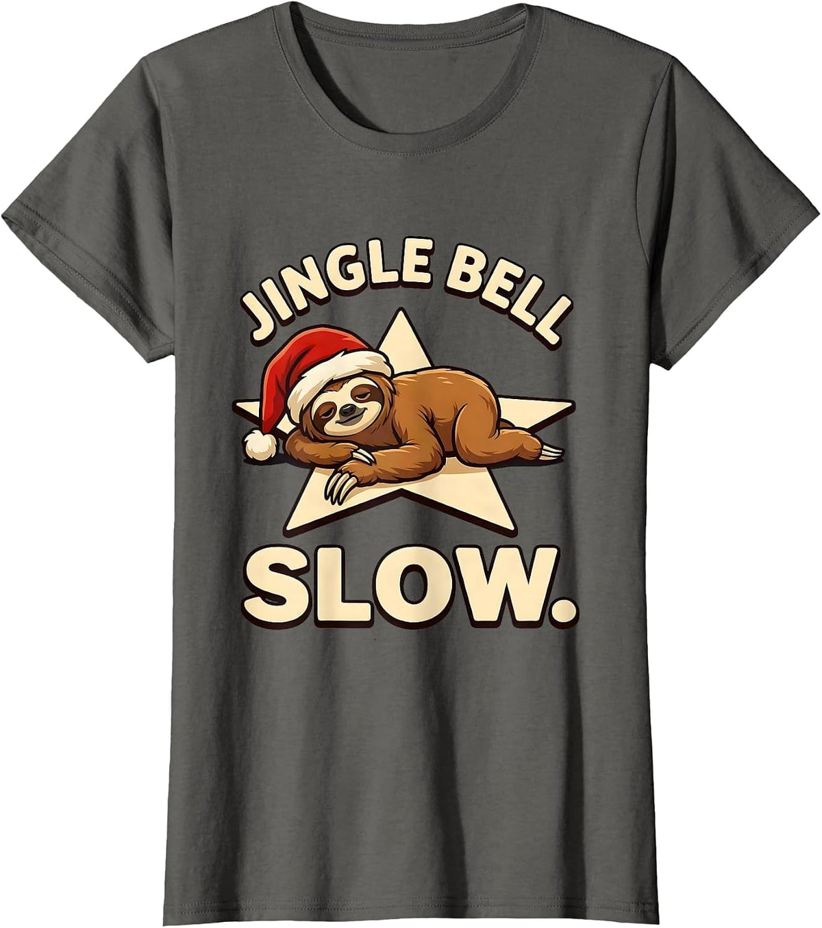 Women's Jingle Bell Slow Funny Sloth Lover Christmas Ugly Sweater T-Shirt - Asphalt Grey