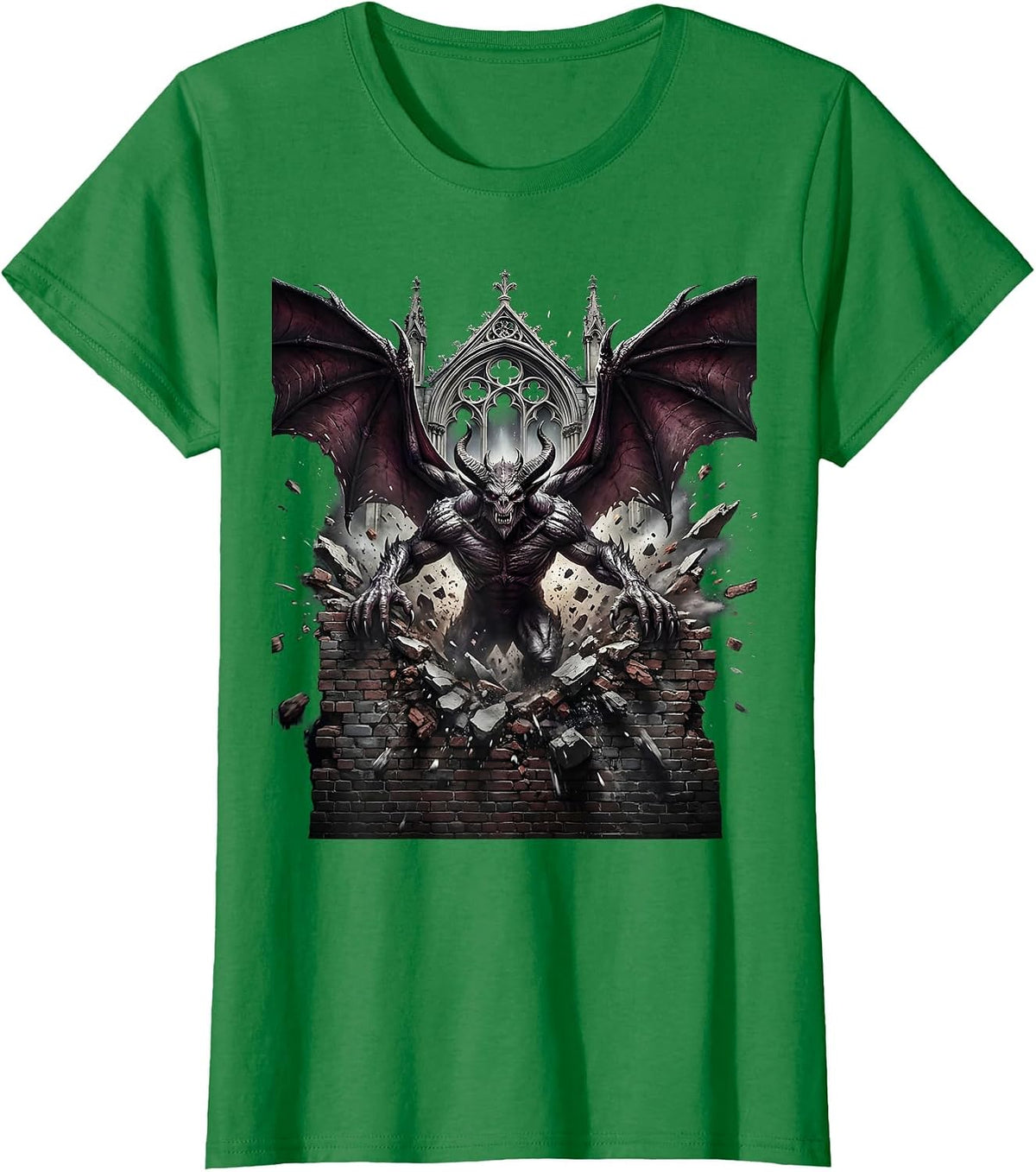 Winged Demon Bursting Through Brick Wall T-Shirt - Kelly Green