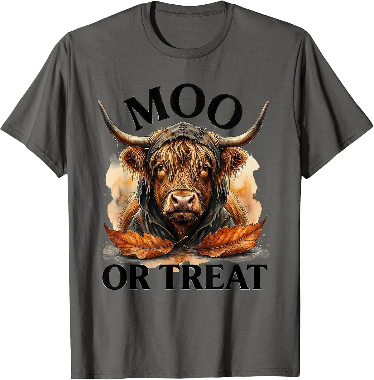 Men's Moo Or Treat Watercolor Highland Cow Halloween Fall Costume T-Shirt - Asphalt Grey