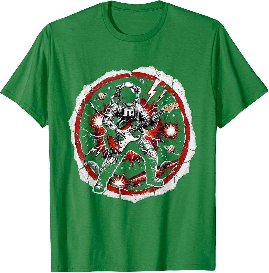 Men's Astronaut Shredding Guitar in Deep Space Rock Art T-Shirt - Kelly Green
