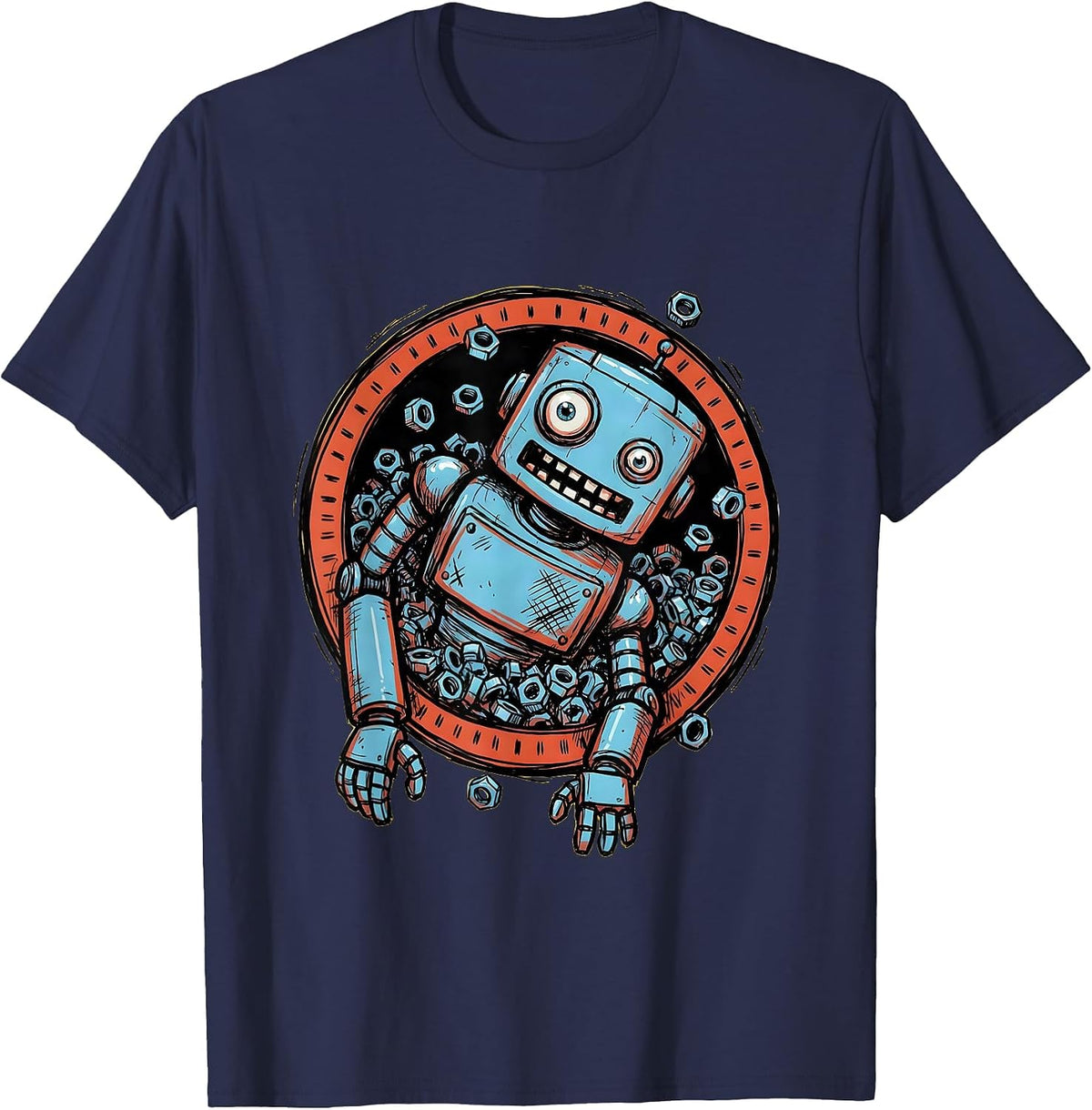 Men's Derpy Robot Spilling Bolts Funny Illustration T-Shirt - Navy Blue