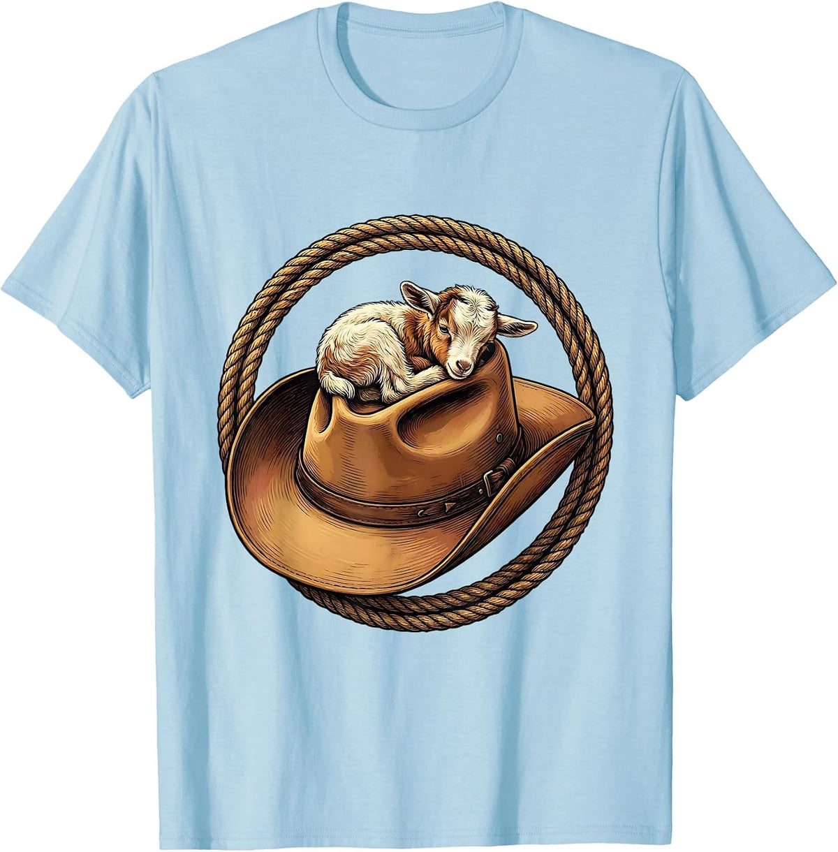 Men's Baby Goat Curled in Cowboy Hat Illustration T-Shirt - Baby Blue