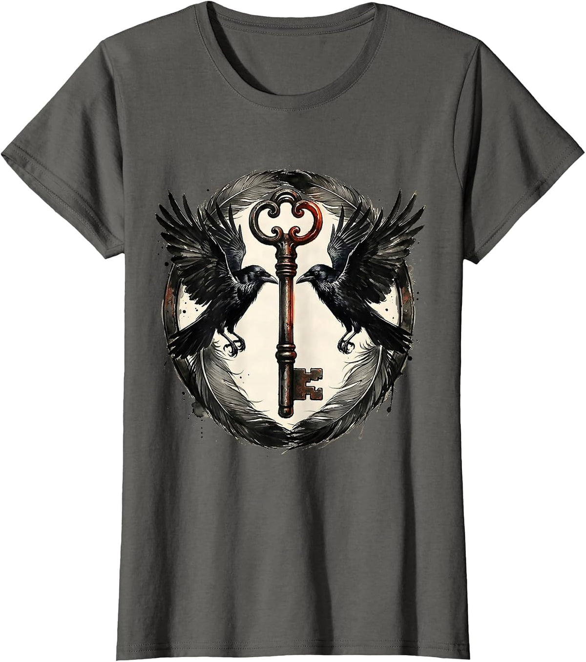 Women's Twin Crows and Iron Key Gothic Illustration T-Shirt - Asphalt Grey