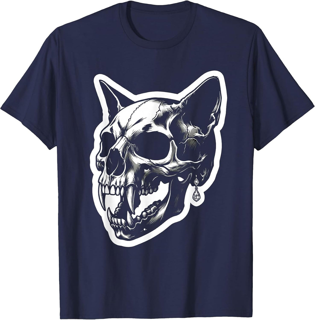 Cat Skull Diamond Earring Rock and Roll Graphic T-Shirt - Navy Blue