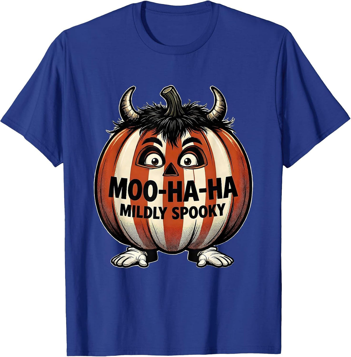 Moo-Ha-Ha, Mildly Spooky Retro Cartoon Highland Cow T-Shirt - Royal Blue