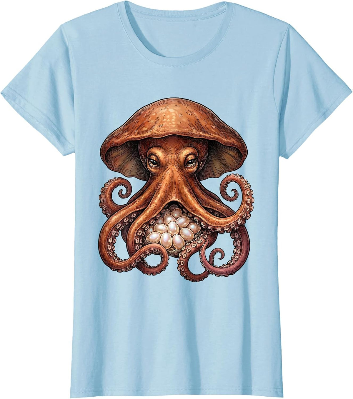Women's Mother Octopus Sheltering Eggs Illustration T-Shirt - Baby Blue