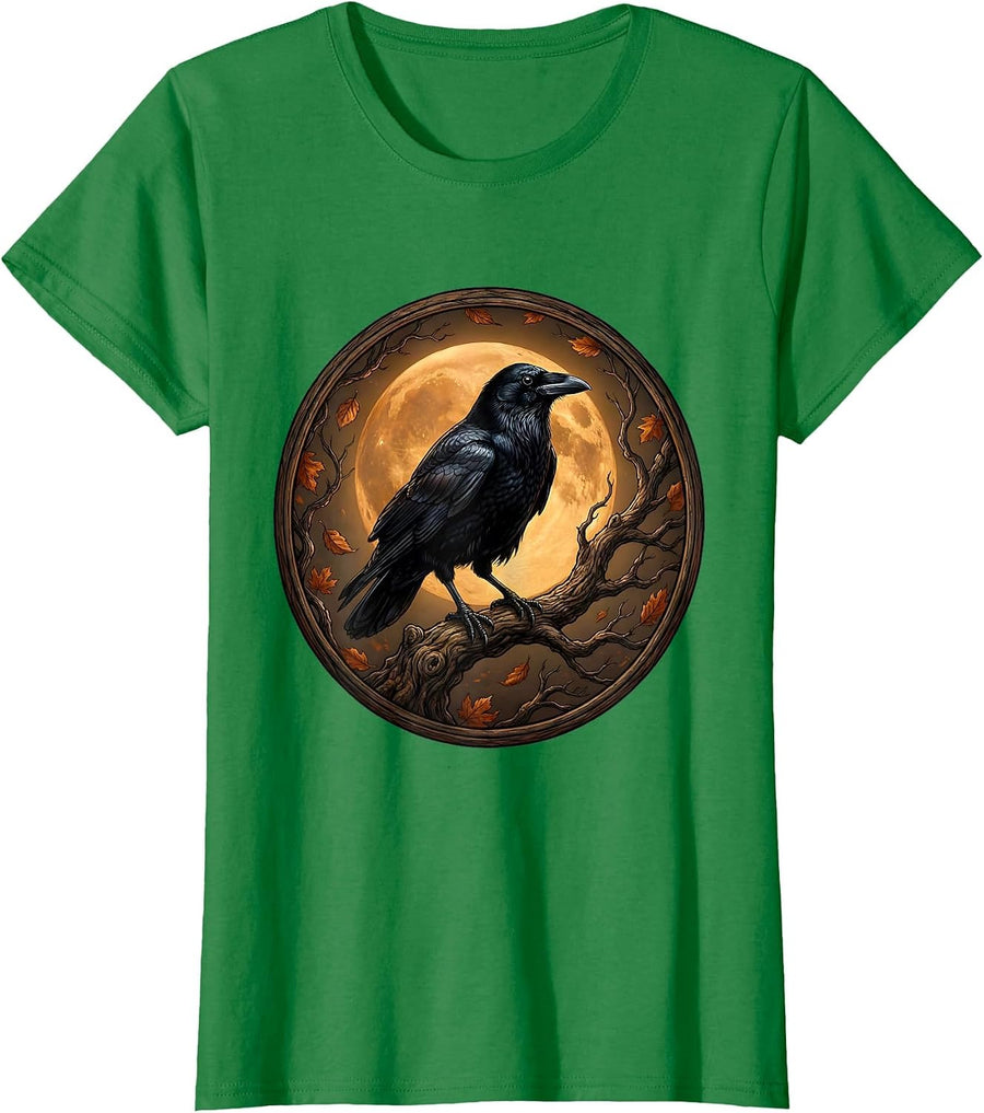 Women's Crow on Bare Branch Autumn Fall Illustration T-Shirt - Kelly Green