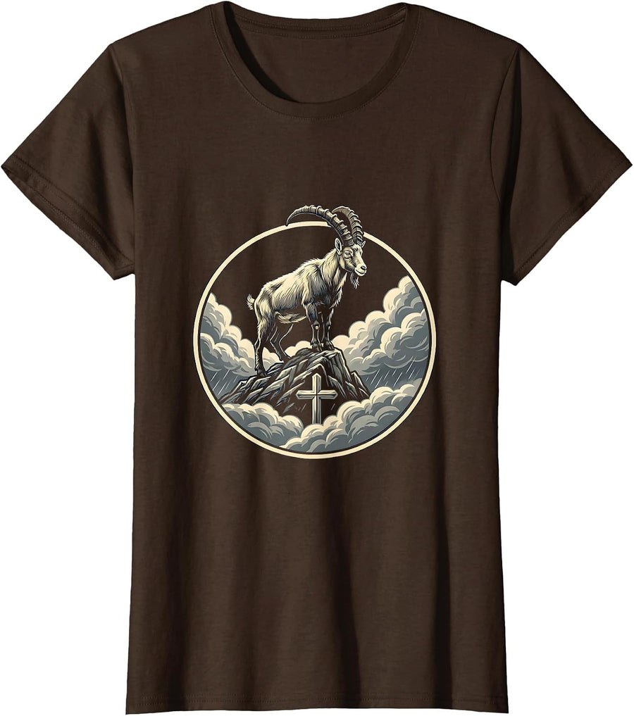 Women's Mountain Goat Storm Peak Graphic Design T-Shirt - Brown