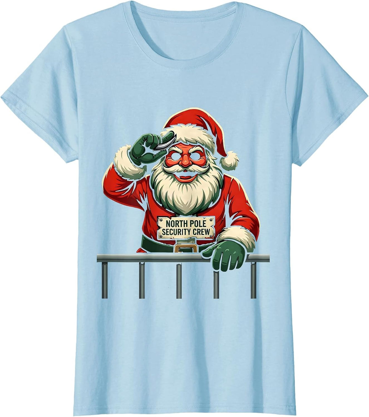 Women's North Pole Security Crew Funny Heavy Metal Christmas Rocker T-Shirt - Baby Blue