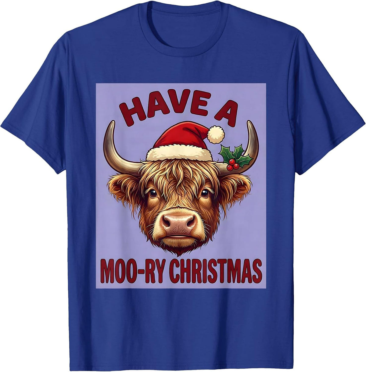 Have A Moo-ry Christmas Cute Kawaii Highland Cow Holiday T-Shirt - Royal Blue